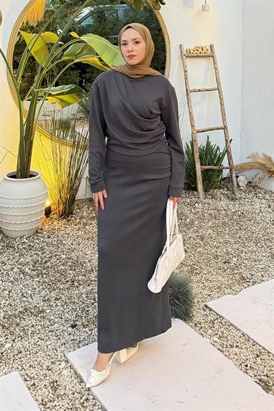 Büzgülü Tesettür Elbise Antrasit