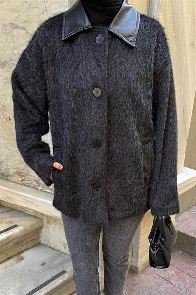 Deri Yaka Mont Siyah