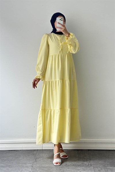 Kol Bağlama Detaylı Tesettür Elbise Sarı