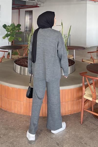 Düz İkili Triko Tesettür Takım Antrasit