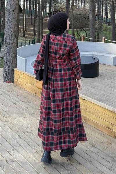 Ekose Desen Elbise Bordo