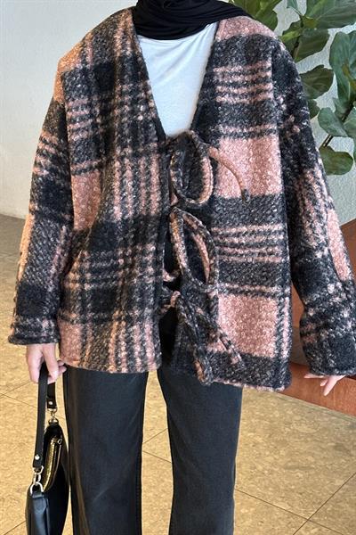 Bağlamalı Kaşe Ekose Kimono Pembe