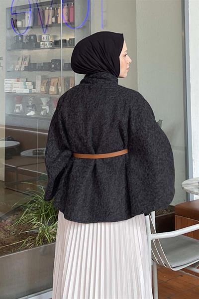 Hakim Yaka Kemer Detaylı Kaşe Panço Siyah