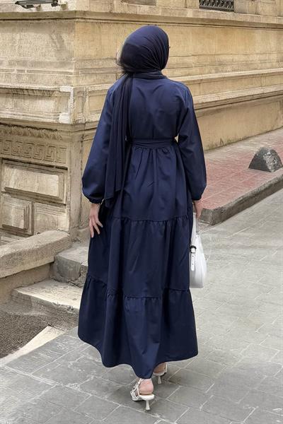 Yarım Düğme Detaylı Terikoton Elbise Lacivert