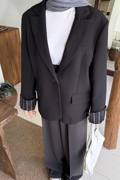 Astarı Çizgili Atlas Ceket Siyah