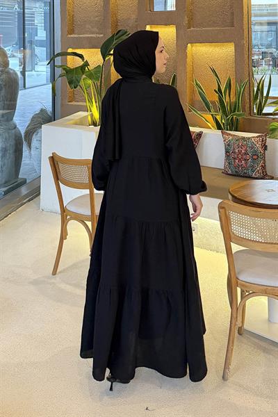 Ön Yarım Düğme Detaylı Müslin Kumaş Tesettür Elbise Siyah