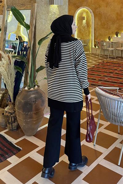 Çizgili Balıkçı Yaka Triko Takım Siyah