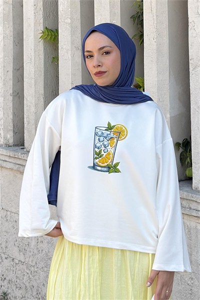 Basic Oversize Limon Baskılı Bluz Beyaz