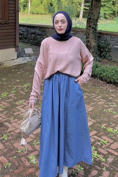 Kayık Yaka Triko Kazak Gül