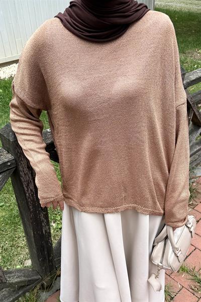 Kayık Yaka Triko Kazak Camel