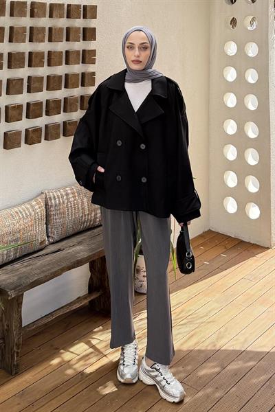 Kruvaze Kısa Tesettür Trençkot Siyah