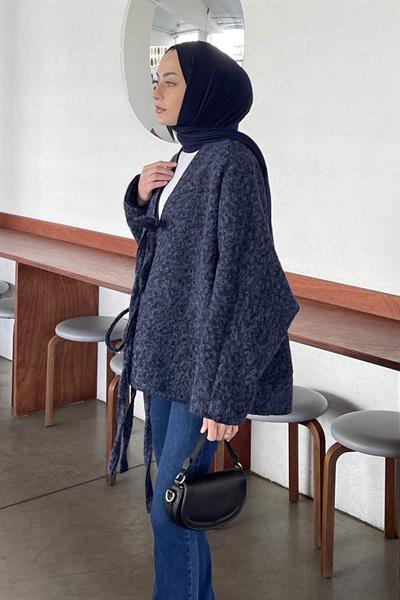 Bağlamalı Kaşe Kimono Lacivert