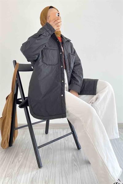 Çift Cepli Boydan Düğmeli Gizli Cepli Mont Siyah