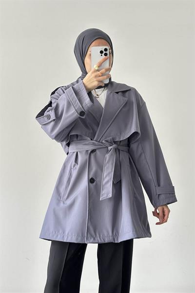 Omuz Apoletli Trençkot Taş Gri