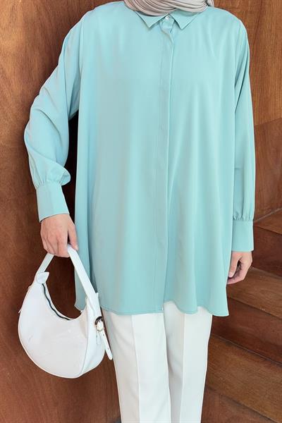 Gizli Düğme Detaylı Tesettür Tunik Mint Yeşili