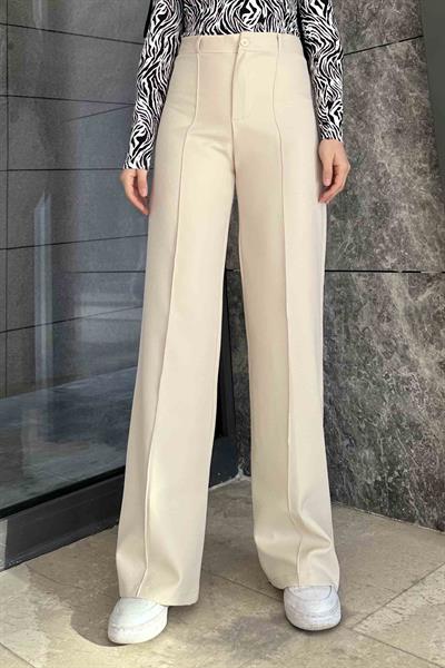 Çımalı Bol Paça Pantolon Krem