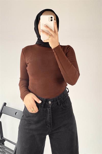 Balıkçı Yaka Fitilli Body Acı Kahverengi