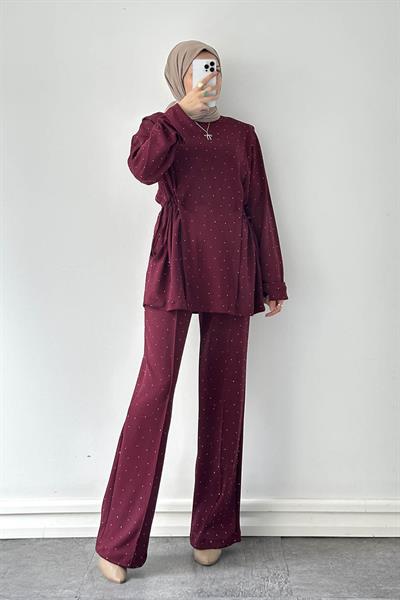Tünel Detaylı Taşlı Takım Bordo