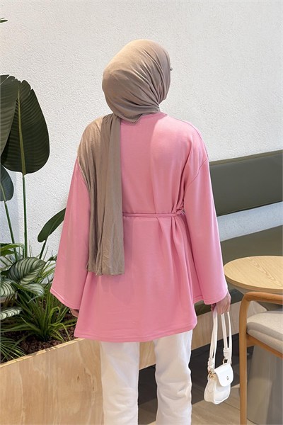 Kol Arma Detaylı Belden Bağlamalı Tunik Pembe