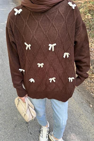 Kurdeleli Triko Kazak Acı Kahverengi