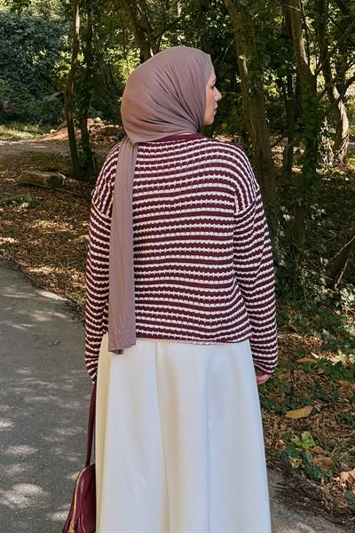 İnce Çizgili Triko Hırka Bordo