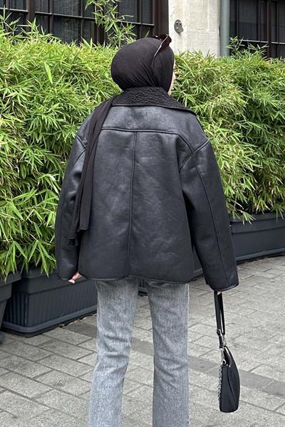 Süet Düğmeli Mont Siyah