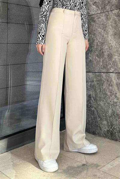 Çımalı Bol Paça Pantolon Krem