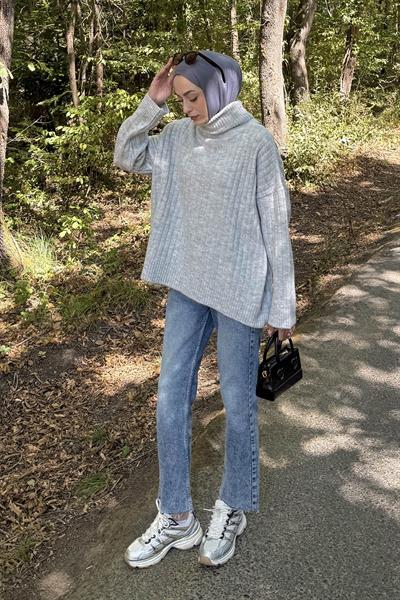 Balıkçı Yaka Kazak Gri