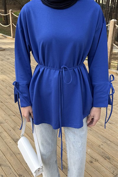 Yırtmaç Detaylı Sweat Saks Mavisi