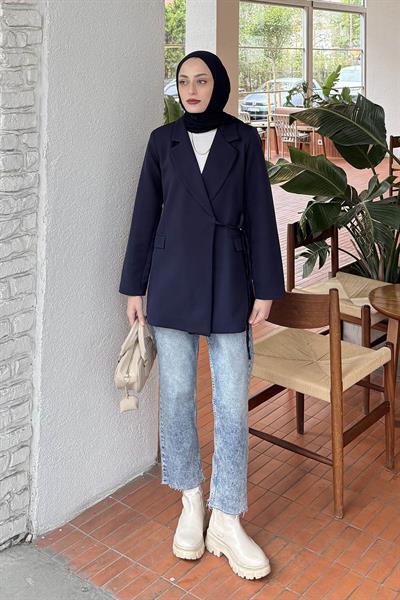 Yan Bağlama Detaylı Ceket Lacivert