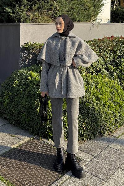 Bağlama Detaylı Pelerinli Kaban Gri