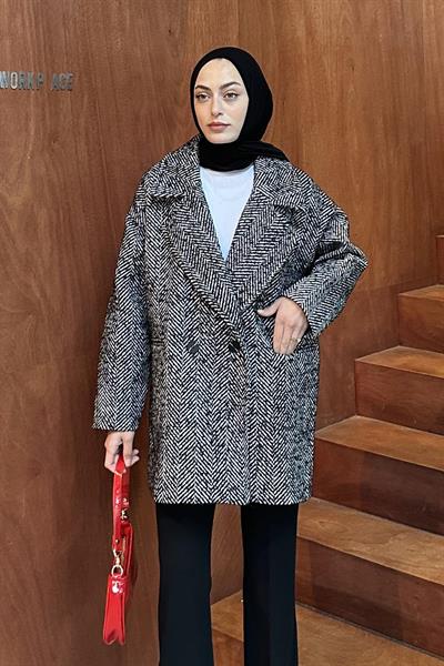 Balık Sırtı Kruvaze Kaban Siyah