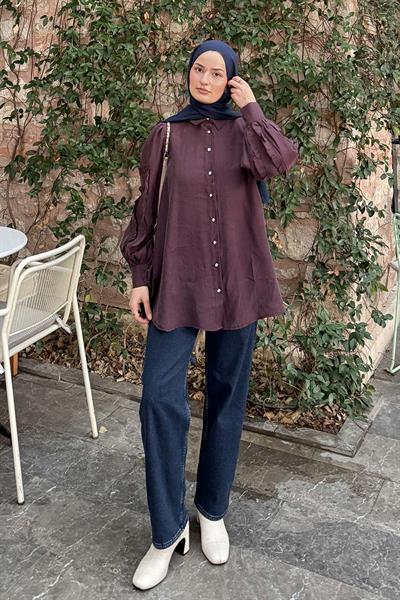 Geniş Yakalı Biyeli Gömlek Mürdüm