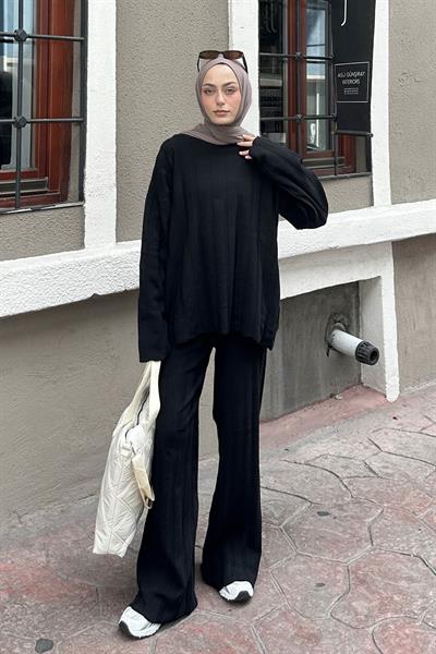 Fitilli Triko Tesettür Takım Siyah