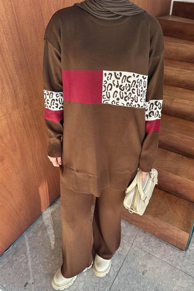 Desenli Triko Takım Acı Kahverengi