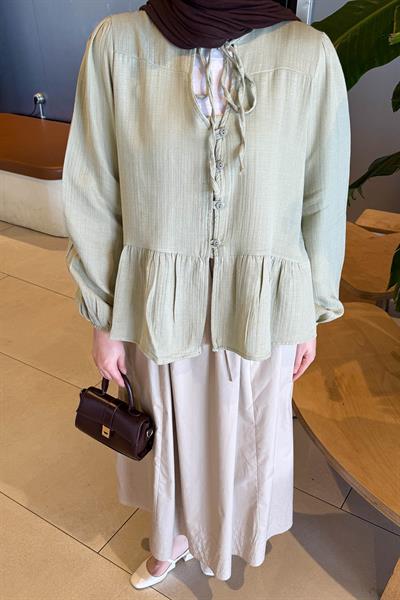 V Yaka Kolları Lastikli Müslim Tesettür Gömlek Çağla Yeşili