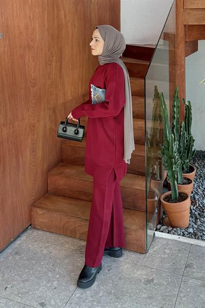 Cep Detaylı Triko Takım Bordo