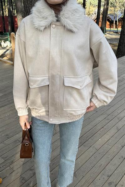 Kürk Yaka Cepli Mont Bej