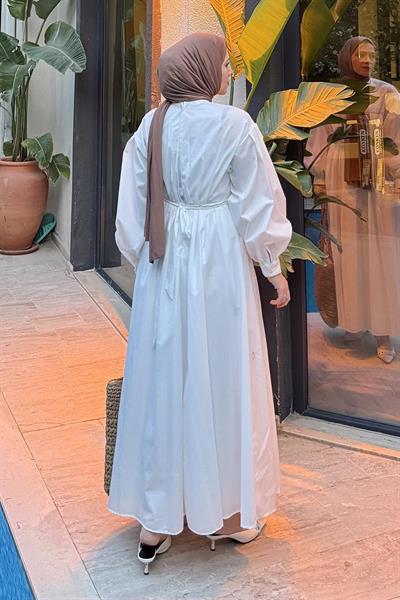 Pileli Poplin Elbise Beyaz