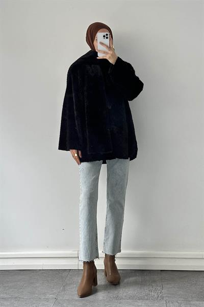 Peluş Atkılı Mont Siyah