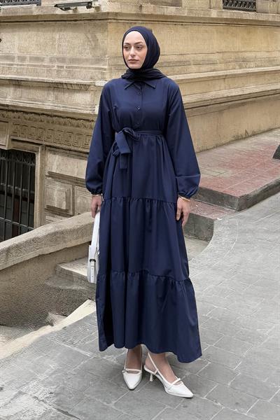 Yarım Düğme Detaylı Terikoton Elbise Lacivert