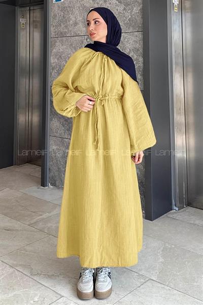 Balon Kol Bağlamalı Tesettür Elbise Sarı