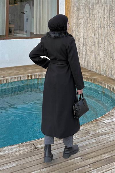 Kürk Yakalı Kaban Siyah