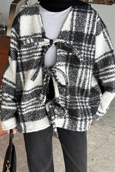 Bağlamalı Kaşe Ekose Kimono Beyaz