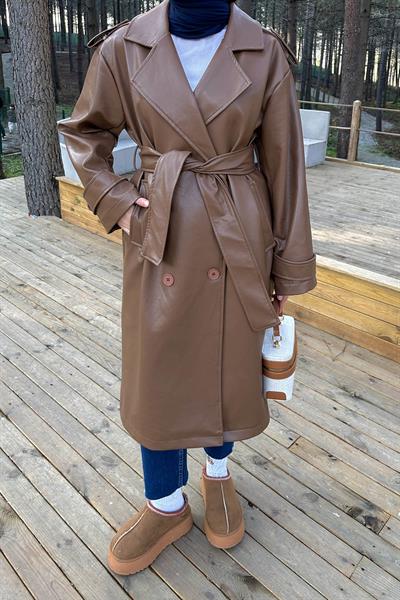 Kruvaze Yaka Deri Trenç TABA