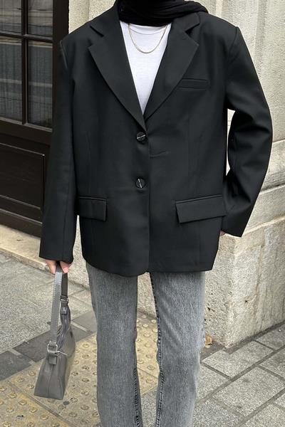 Kapak Cep Blazer Ceket Siyah