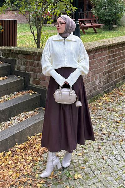 Fermuarlı Triko Hırka Krem