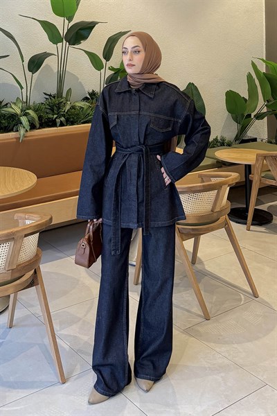Bağlama Detaylı Kot Takım Koyu Mavi
