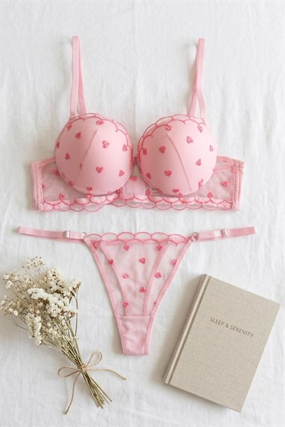 Dantelli Destekli Balenli Sütyen Pembe