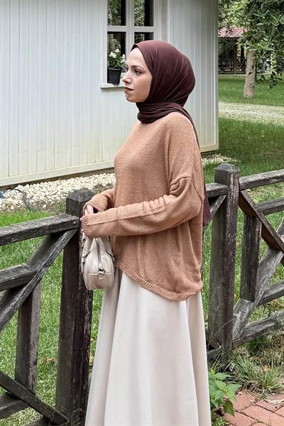 Kayık Yaka Triko Kazak Camel